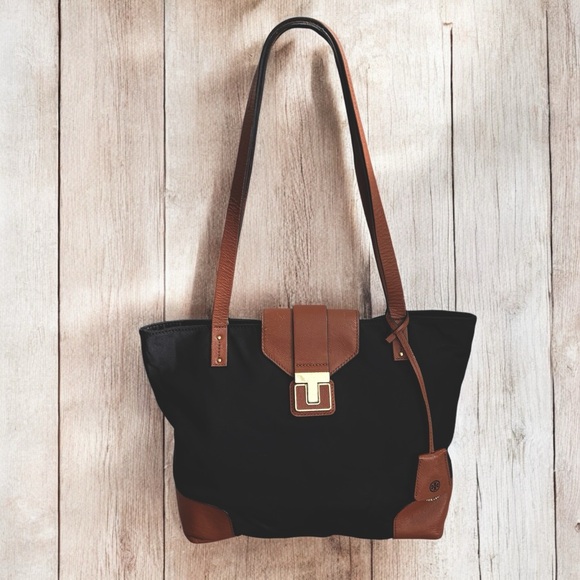Tory Burch Handbags - Tory Burch Black Nylon and Brown Leather Shoulder Bag